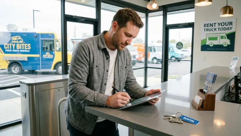Customer signing rental agreement form at food truck office
