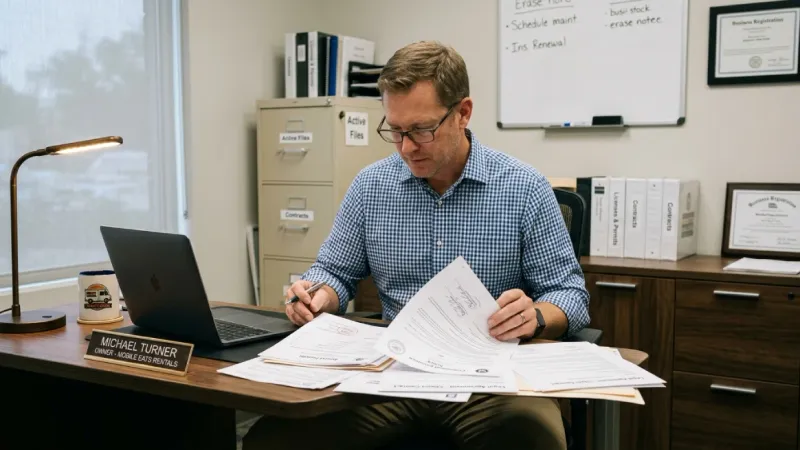 Business owner signing food truck rental licensing documents