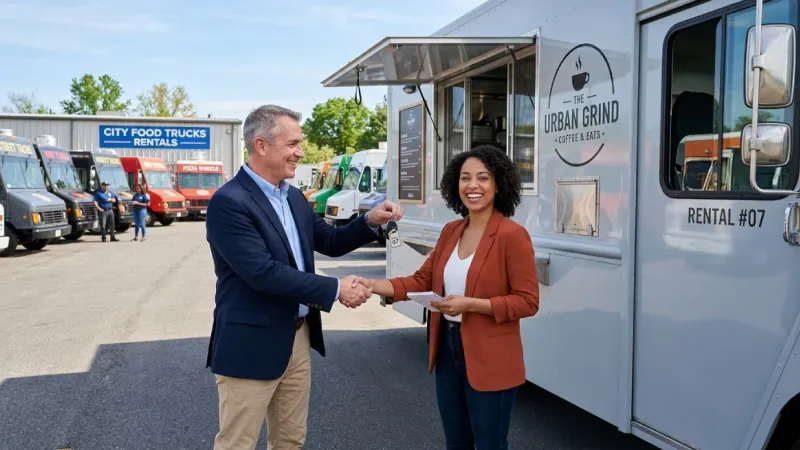 Food truck rental business transaction outside company building