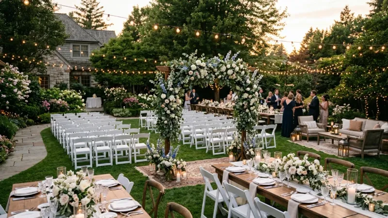 Backyard wedding packages with floral arch and outdoor seating
