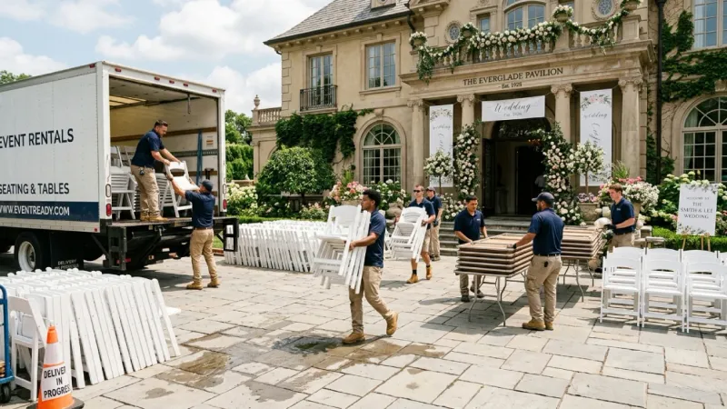 Wedding chair and table rentals being delivered to venue