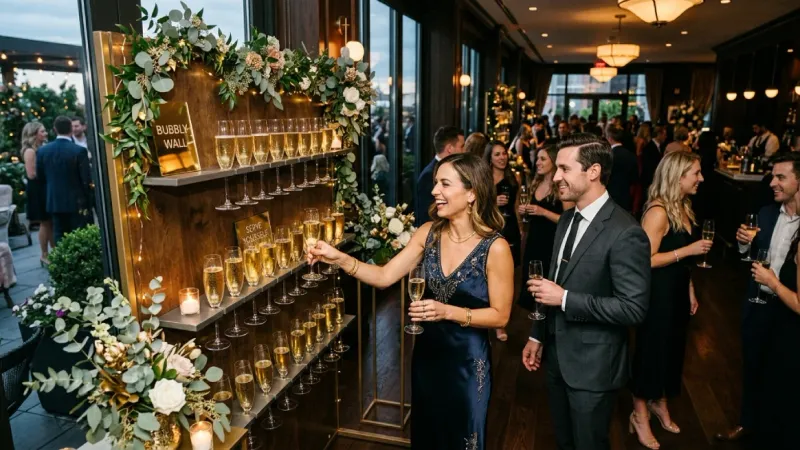Wedding champagne wall rentals with floral décor and string lights