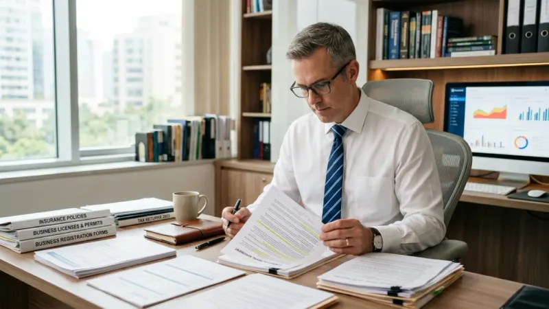 Preparing legal requirements for wedding rental business with organized paperwork