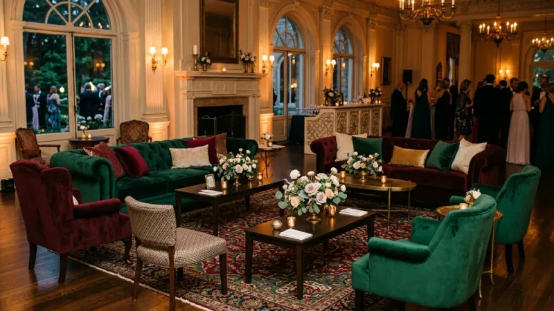 Wedding lounge furniture rentals with velvet sofas and chandeliers