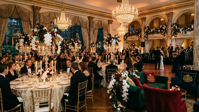 Luxury wedding décor rentals with chandeliers and floral arrangements