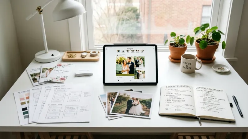 Workspace showing marketing strategy for wedding rental business with photos