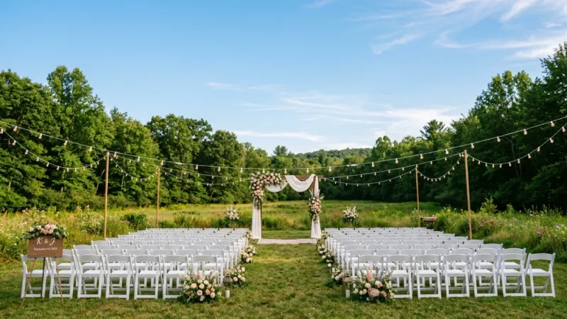 Outdoor wedding rentals with floral arch and white chairs