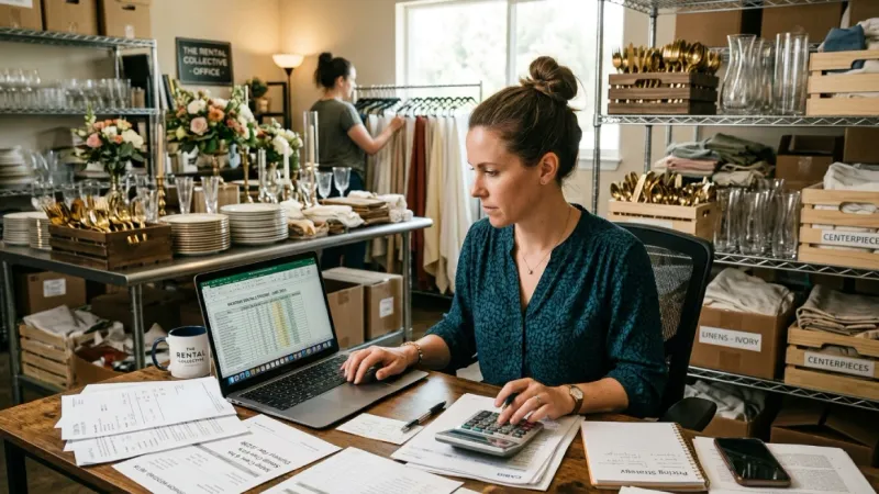 Wedding rental business pricing with inventory tracking and financial planning