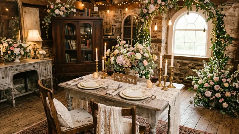 Vintage wedding rentals with lace table runners and candlesticks