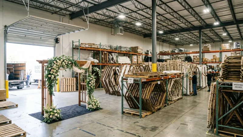 Wedding arch rentals warehouse with floral decorated arch
