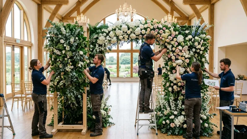 Wedding backdrop rentals with floral arch installation in venue