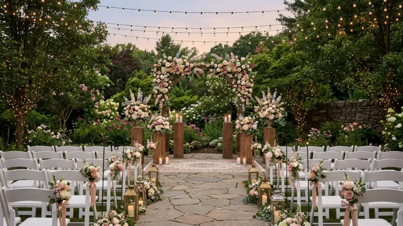 Wedding décor rental business showcasing garden ceremony setup