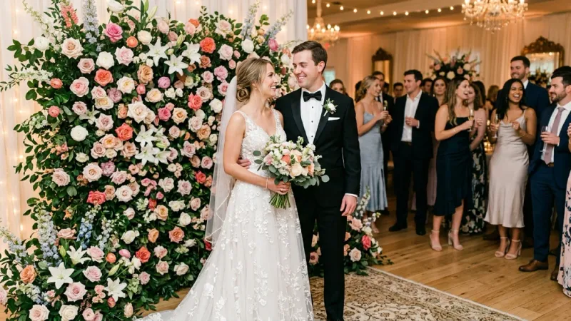 Wedding flower wall rentals creating elegant ceremony backdrop