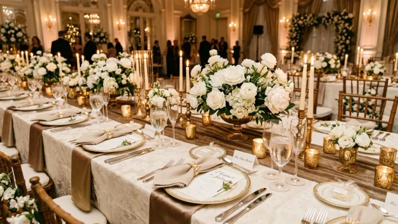 Wedding linen rentals with elegant table settings and floral décor