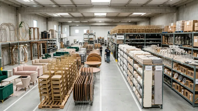 Wedding rental warehouse with chairs, tables, and décor