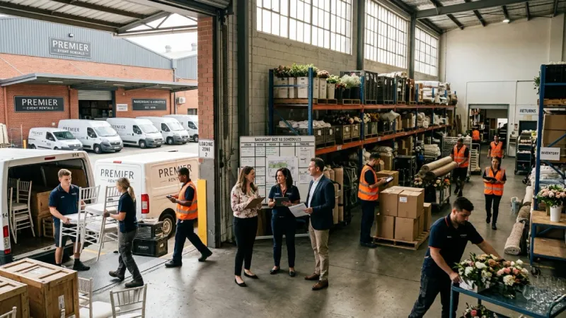 Busy wedding rental warehouse with staff handling décor and furniture