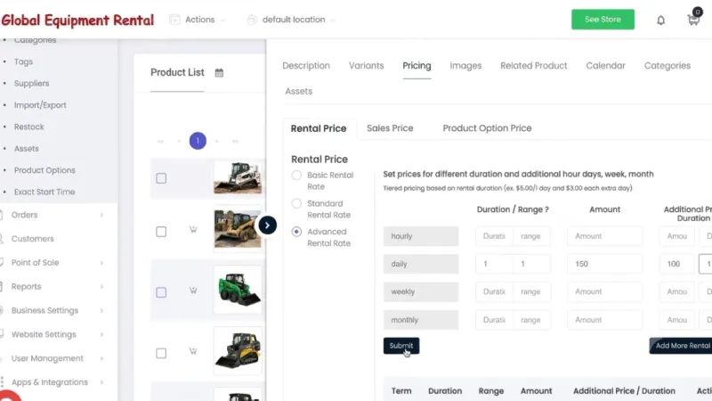 RentMy long-term rental discount setup for skid steer rental business