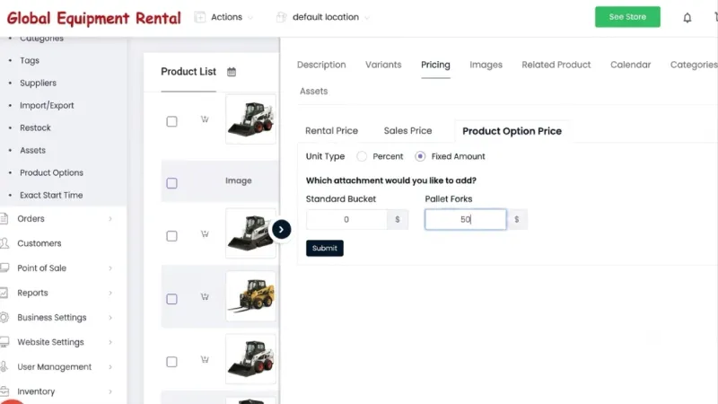 RentMy checkout screen upselling attachments for skid steer rental business