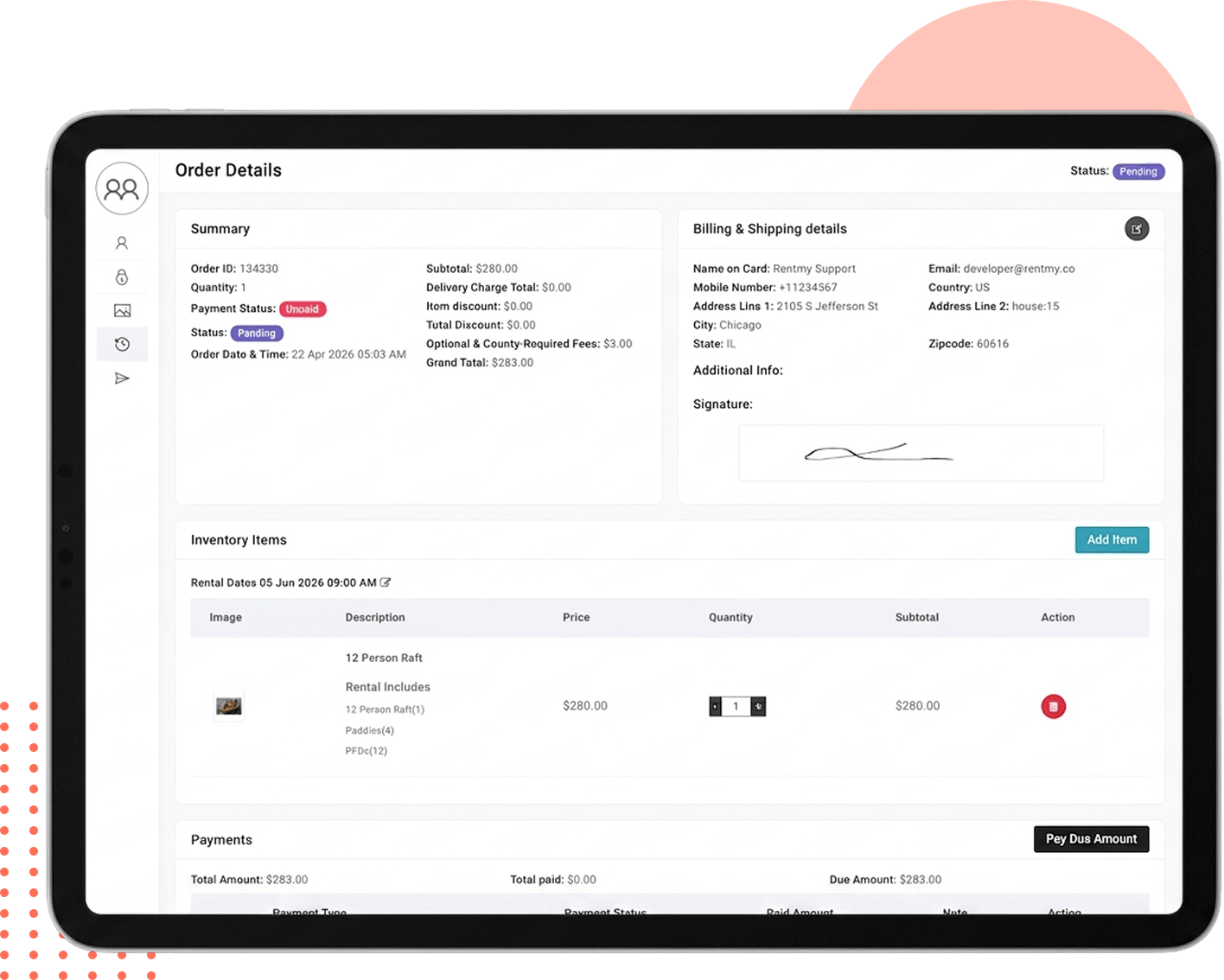 RentMy customer portal — order details and rental dashboard on a tablet